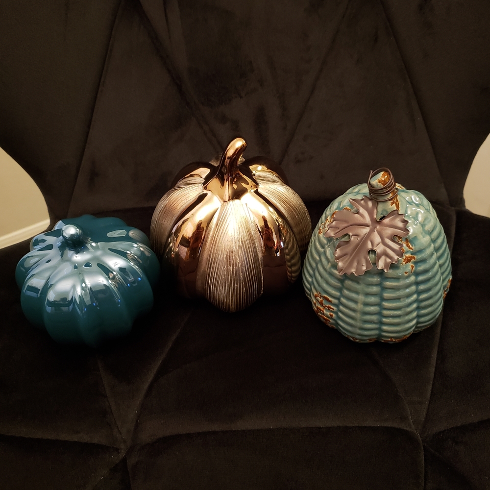 Hobby Lobby Metallic and Teal Ceramic Pumpkin Set